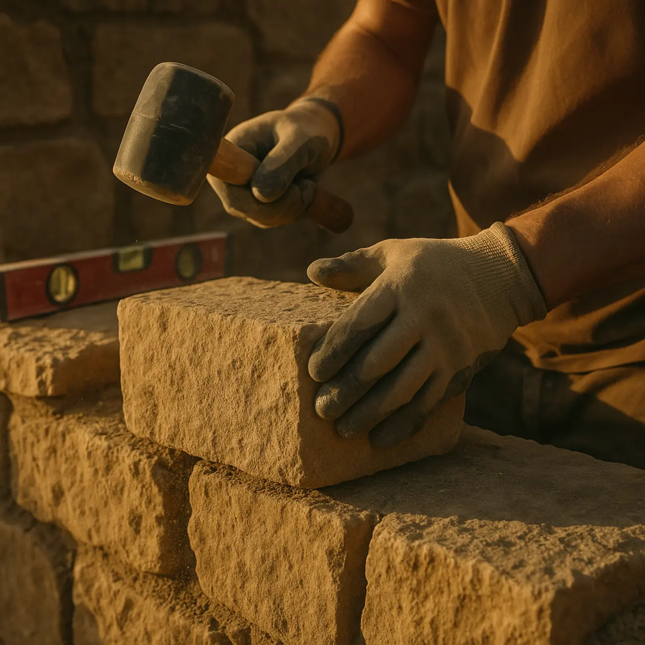 Hände eines Handwerkers beim Setzen eines Sandsteinblocks in eine Trockenmauer