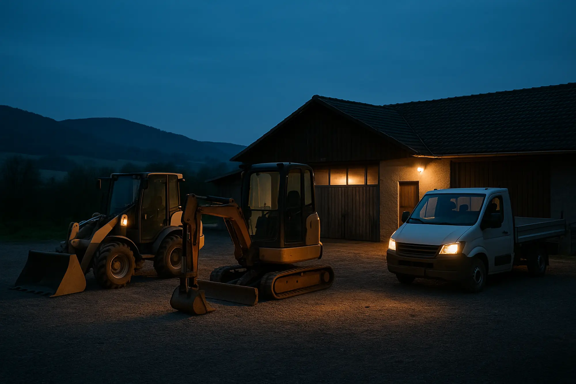 Radlader, Bagger und LKW auf dem Betriebshof im Abendlicht