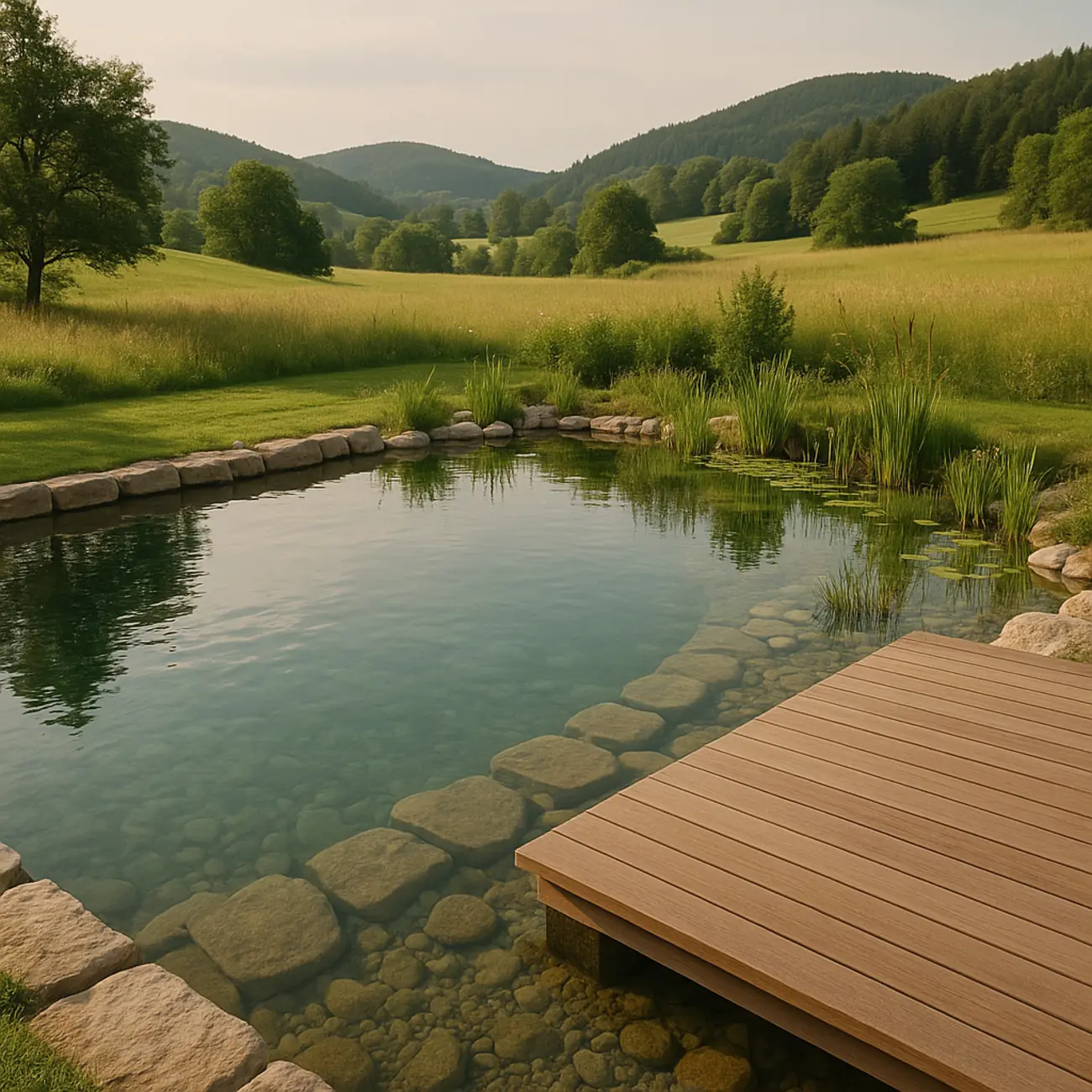 Schwimmteich mit Natursteineinfassung und Holzdeck vor Wiesenlandschaft