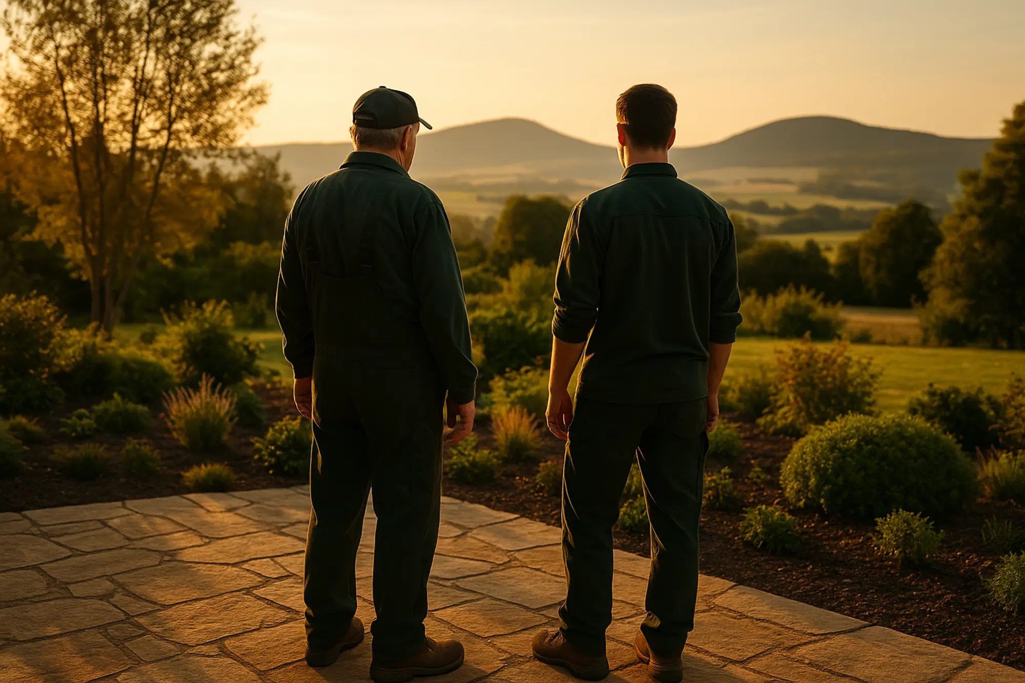 Zwei Landschaftsgärtner auf einer fertigen Natursteinterrasse mit Blick über die Rhön